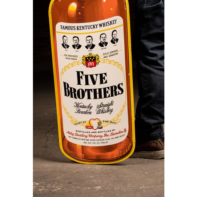 Mid 20th Century Vintage Oversized Five Brothers Bourbon Figural Bottle Tin Litho Advertising Sign For Sale - Image 5 of 8