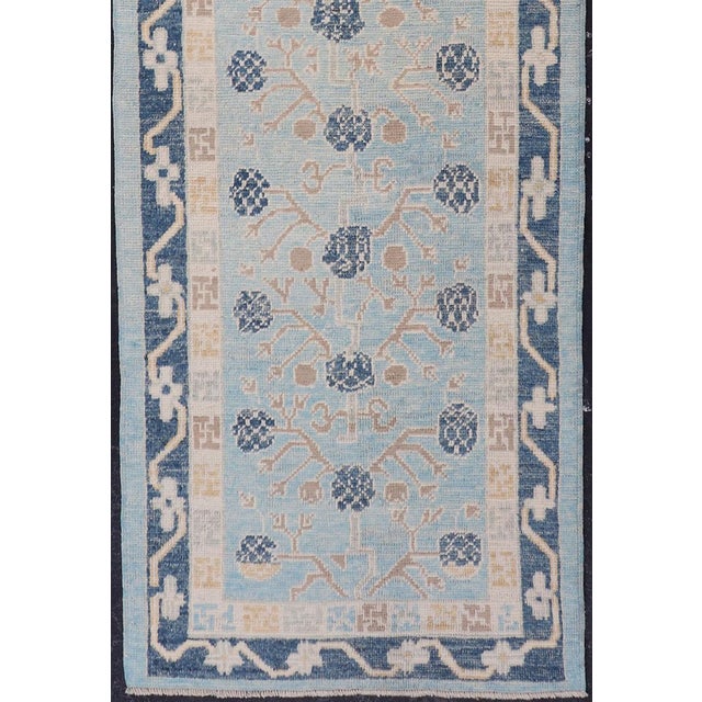 Turkish Khotan designed runner with pomegranate design in cream, tan and blues. Keivan Woven Arts rug EN-P13640, country...