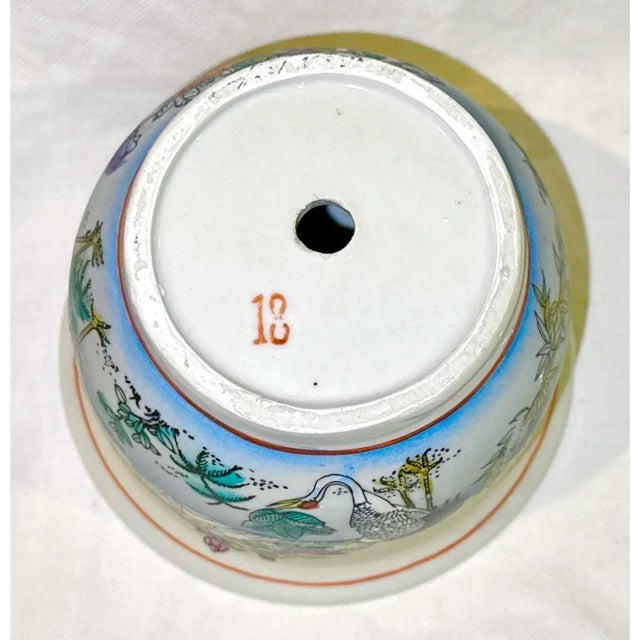 Hand Painted Chinoiserie Porcelain Planter With Lotus Flowers & Cranes For Sale - Image 10 of 12