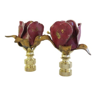 Vintage Italian Tole Rose Lamp Finials. Deep Raspberry /Plum & Gold Leaf Patina, a Pair. For Sale