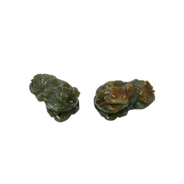 Pair Natural Jade Stone Green Brown Pixiu Fengshui Fortune Pendants Figures For Sale In San Francisco - Image 6 of 9