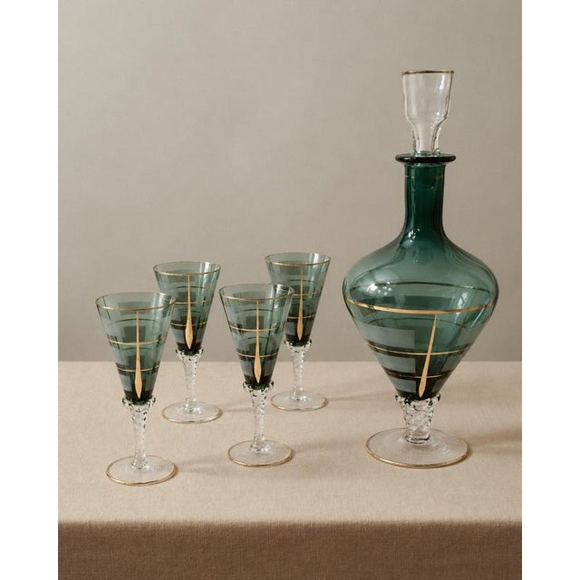 Vintage Italian Blue Murano Glass Liqueur Decanter Glasses with Hand Painted Gilt Details, 1950s, Set of 5 For Sale - Image 3 of 15