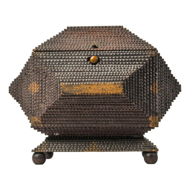Early 20th Century Large Tramp Art Dresser Box: Chip Carved Folk Art, Round Feet, Gold Paint Remnants For Sale