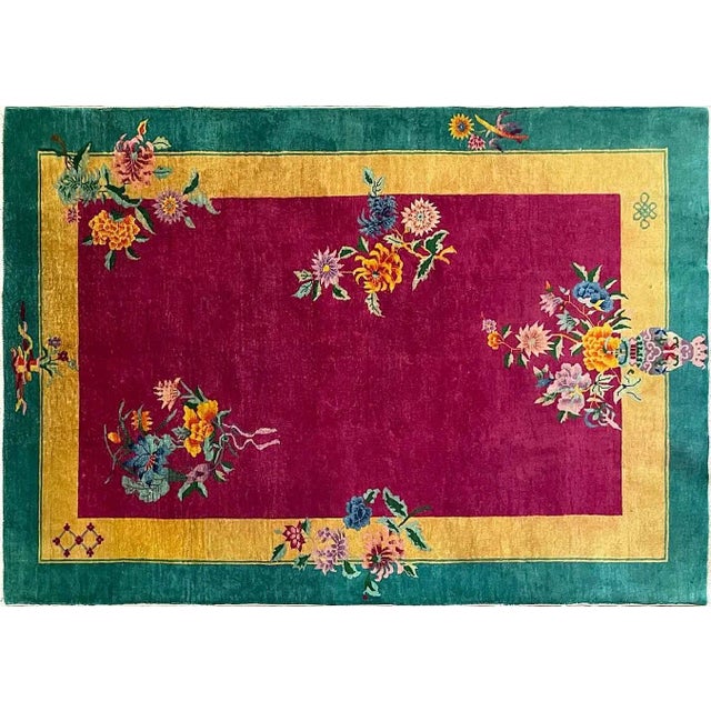 Antique Handmade Art Deco Chinese carpet, c-1920's, 6' x 8'8". Woven with natural dyed soft wool pile, in gold and green...