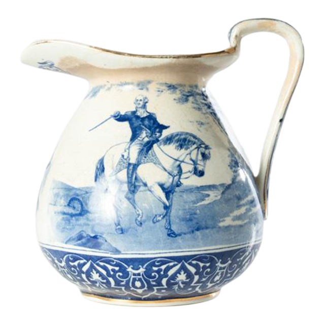 Antique Buffalo Pottery Blue and White Geroge Washington Mount Vernon Transferware Pitcher For Sale
