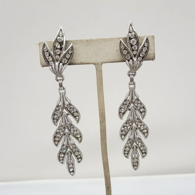 Mid-Century Modern Vintage Signed Crown Trifari Rhodium Plated Clear Rhinestone Chandelier Clip Earrings - 2 Pieces For Sale - Image 3 of 7