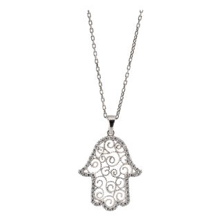 Spiral Design Hamsa Sterling Silver & Diamond Necklace For Sale