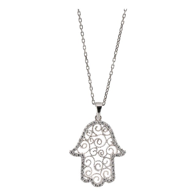 Spiral Design Hamsa Sterling Silver & Diamond Necklace For Sale