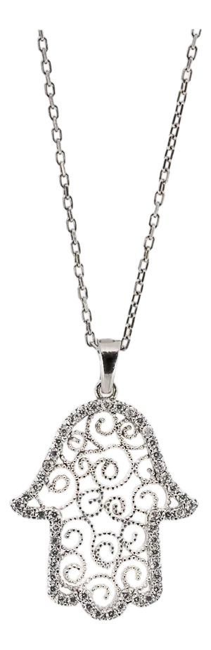 Spiral Design Hamsa Sterling Silver & Diamond Necklace