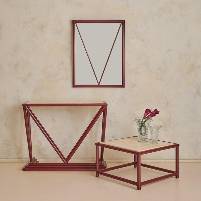 Mid-Century Modern Italian Red Lacquered Wood + Travertine Console, 1970s For Sale - Image 3 of 13