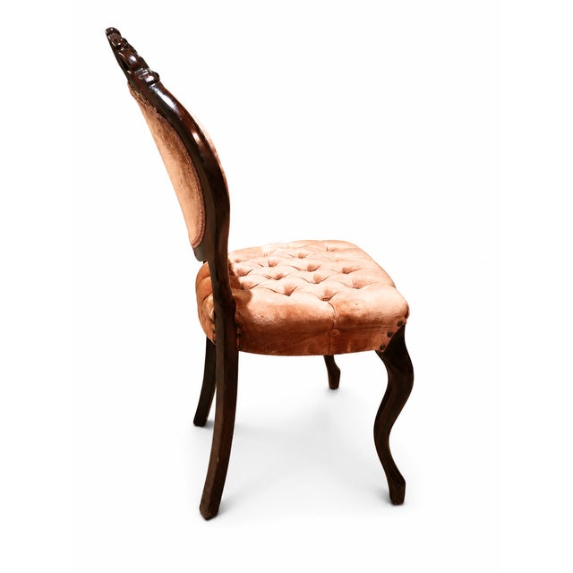 Victorian Vintage Carved Floral Walnut Side Chair With Tufted Velvet Upholstery For Sale - Image 3 of 6
