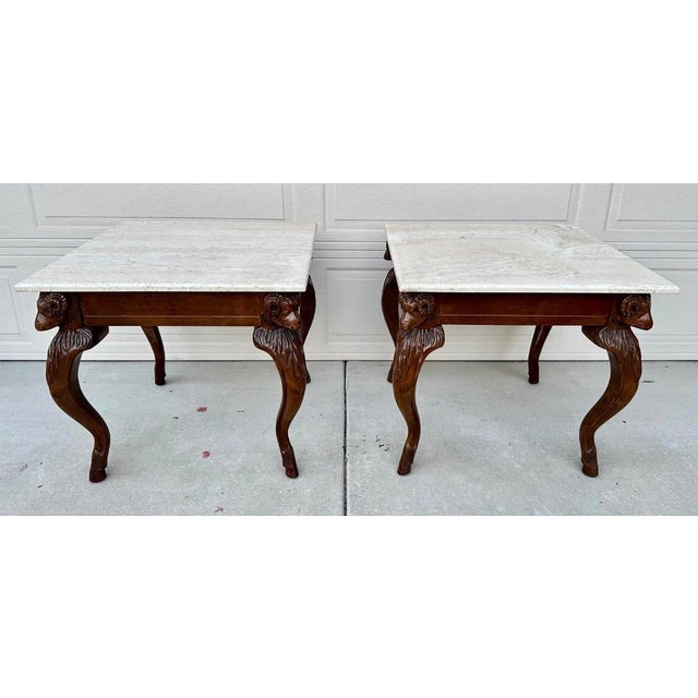 Vintage Ram’s Head Carved Walnut & Travertine Side Tables Attributed to Minton Spidell – Pair For Sale - Image 15 of 18