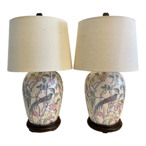 Pair of Asian Ceramic Table Lamps With Engraved Painted Design