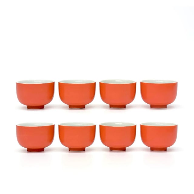 Petite Tangerine-Colored Japanese Tea Cups - Set of 8 For Sale - Image 4 of 4