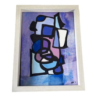 Yjr Abstract Acrylic on Paper Titled Les Fenêtres Framed 8.5" H For Sale