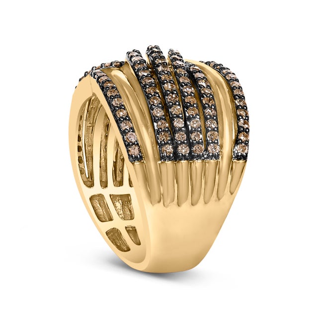 Haus of Brilliance 10K Yellow Gold Plated .925 Sterling Silver 1.0 Cttw Champagne Diamond Multi Row Cross Over Band Ring - Size 7 For Sale - Image 4 of 6
