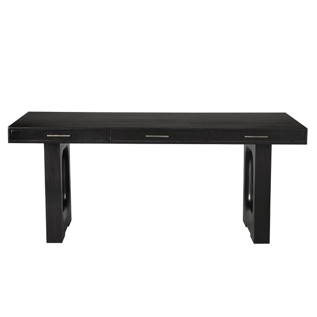 This three-drawer, modern Hand-Rubbed Black partners desk features a thick top, sleek drawers with linear pulls, and bold...