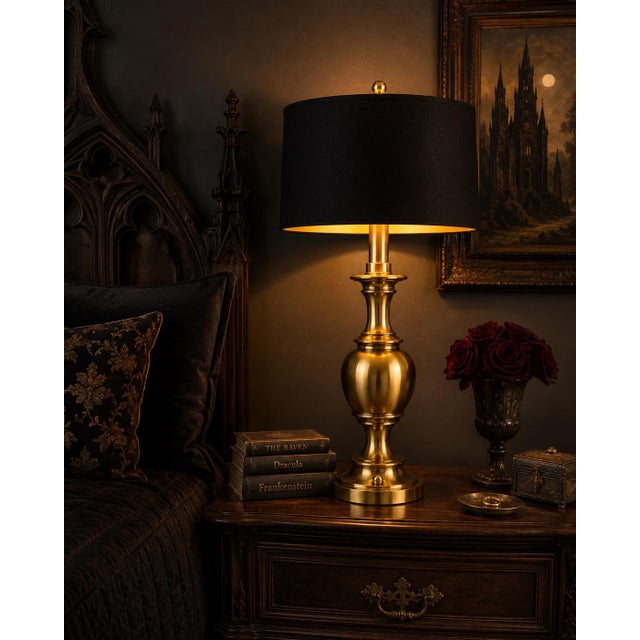 Late 20th Century Late 20th Century Large Solid Brass Urn Table Lamp With New 17” Black & Gold Drum Shade | Classic Traditional For Sale - Image 5 of 5