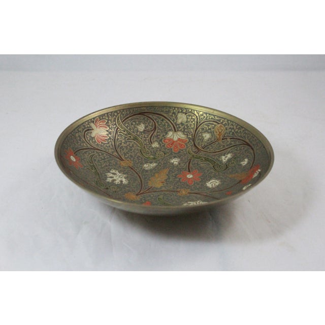 Asian Antique Vintage Oriental Art Brass Enamel Trinket Holder For Sale - Image 3 of 6