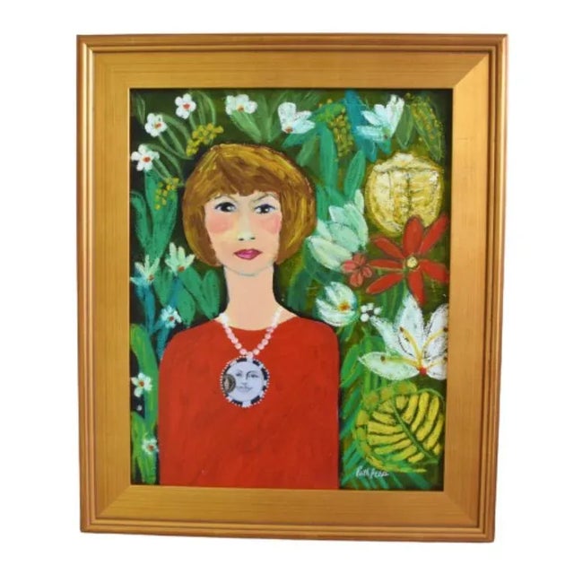 American French Mademoiselle Floral Portrait Oil Painting W/ Antiqued Gold Wood Frame For Sale - Image 3 of 9