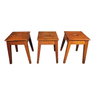 Vintage French Wooden Stools, 1950s, Set of 3 For Sale