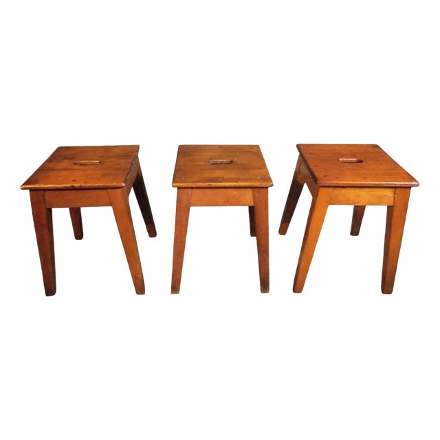 Vintage French Wooden Stools, 1950s, Set of 3 For Sale