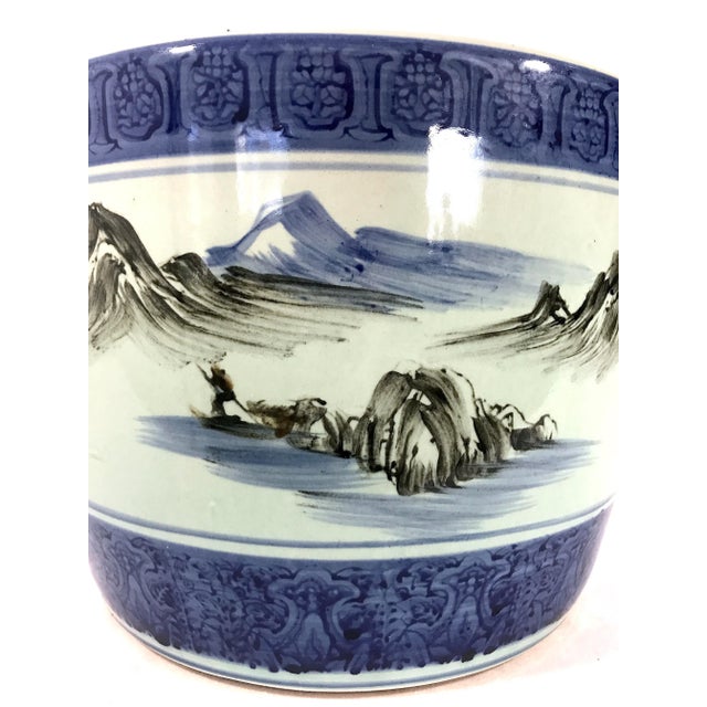 Ceramic Vintage Chinese Blue & White Porcelain Planter, Wrap Around Shan Shui Mountain & Water Landscapes For Sale - Image 7 of 11