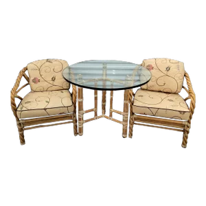 Late 20th Century McGuire Organic Modern Twisted Rattan Lounge Chairs and Table Set of 3