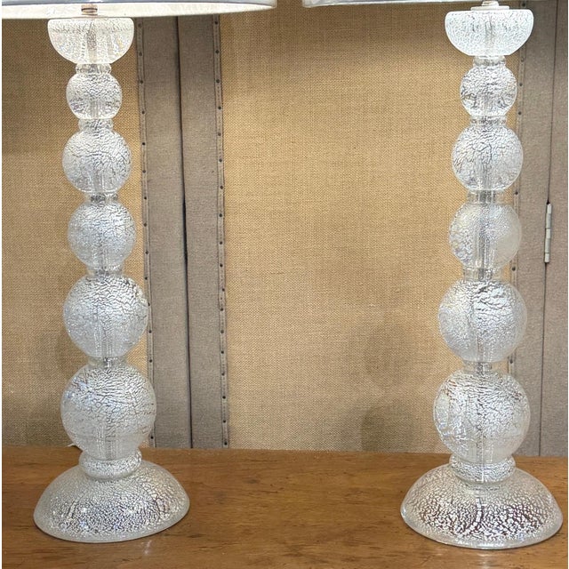 Pair of Barovier & Toso Murano Atmospheric Silver Leaf Glass Lamps Italy, Late 20th Century An elegant pair of Murano art...