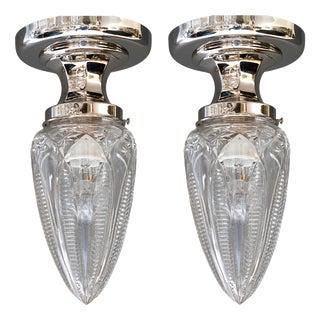 Vintage Nickel-Plated Ceiling Lamps with Cut Glass Shades, 1920, Set of 2 For Sale