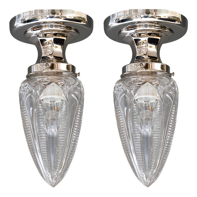 Vintage Nickel-Plated Ceiling Lamps with Cut Glass Shades, 1920, Set of 2 For Sale