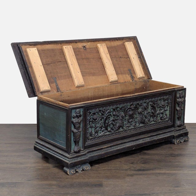 Traditional Antique Wooden Trunk With Ornate Carved Details and Hinged Lid For Sale - Image 3 of 10