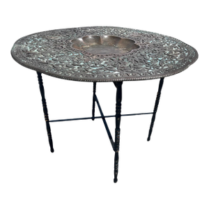 Early 20th Century Beaten Brass Tea Table With Carved Base by Jaypore