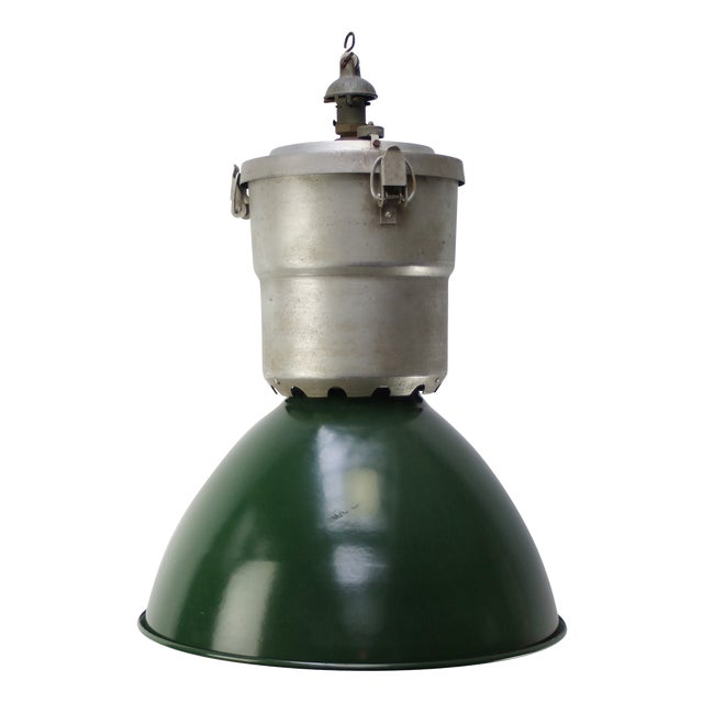 Large Vintage Industrial French Green Enamel Pendant Lights For Sale