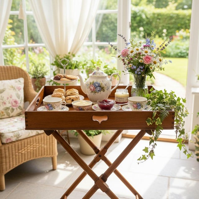 A distinguished antique butler’s tray table crafted from aged chestnut, featuring hand-cut dovetail joinery and rich,...
