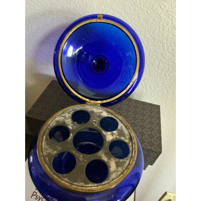 Mid 20th Century Vintage Cobalt Decanter W/ Metal Hinged Glass Top For Sale - Image 5 of 9