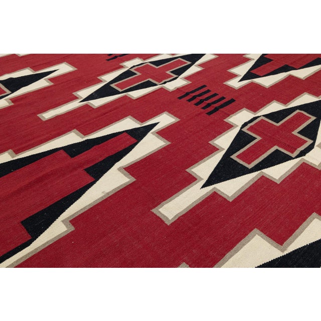 Modern Navajo Style Southwest Wool Rug - Crimson Red & Geometric Diamond Motif For Sale - Image 9 of 12