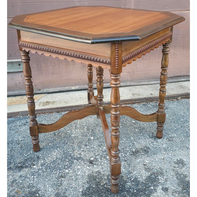Early 20th Century Jacobean Style Banded Walnut Octogonal Side Table, Circa 1920s For Sale - Image 9 of 12