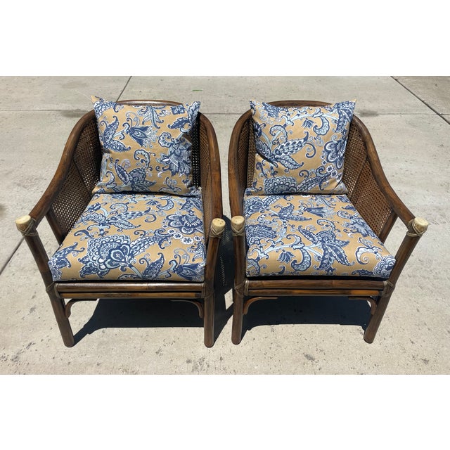 Wood Authentic McGuire Vintage Rattan Barrel Back Lounge Chair Pair For Sale - Image 7 of 15