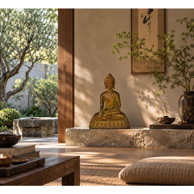 An exceptional large antique bronze sculpture depicting Buddha Shakyamuni. Buddha is seated in the full lotus position...