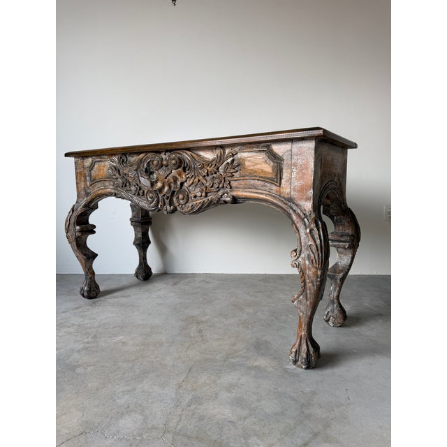Baroque Vintage Italian Baroque Style Hand-Carved Wood Console Table With Paw Feet For Sale - Image 3 of 18