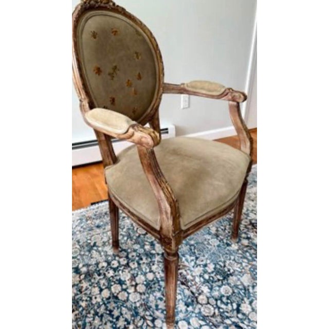 Mid 20th Century Mid 20th Century French Louis XVI Style Giltwood Armchair With Oval Medallion Back, Hand-Painted Floral Upholstery For Sale - Image 5 of 5