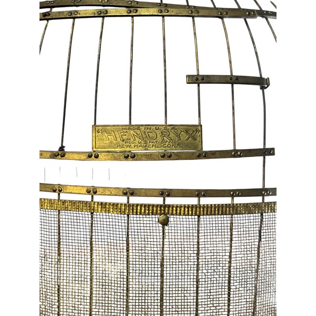 Early 20th Century Antique Hendryx Brass Wire Hanging Dome Bird Cage With Stand For Sale - Image 5 of 10
