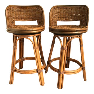 Vintage Boho Bamboo Swivel Counter Stools - A Pair For Sale