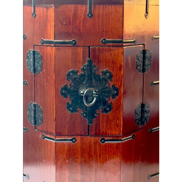 Vintage Korean Octagonal Wooden Cabinet With Merlot Finish, Black Hardware & Lock For Sale - Image 9 of 18