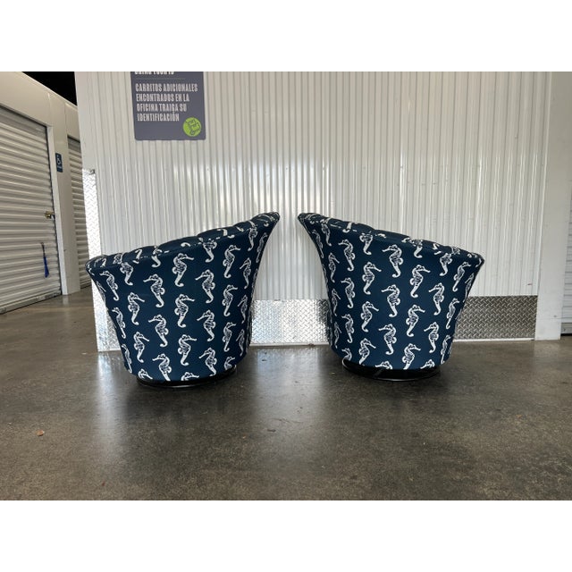 Metal 1970s Beach House Seahorse Fabric Covered Fan Back Lounge Chairs - a Pair For Sale - Image 7 of 10