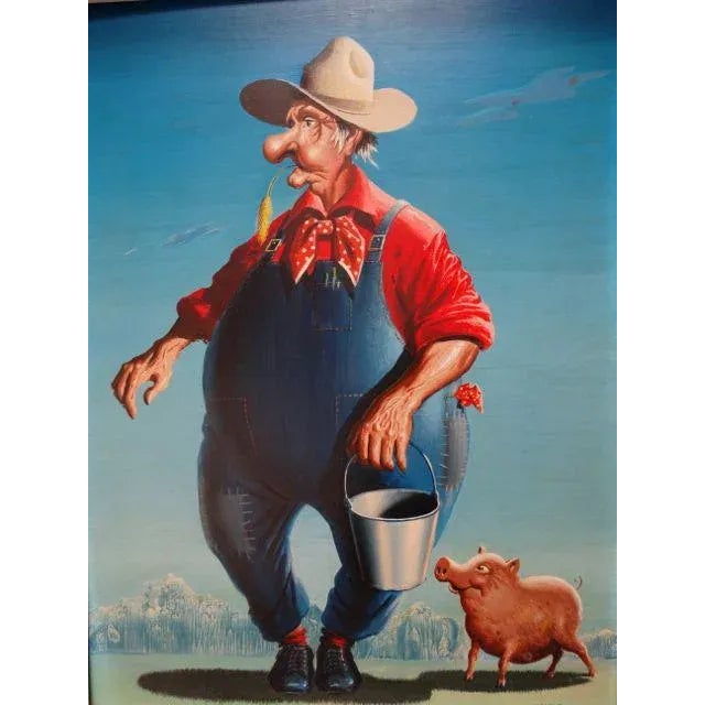 Figurative Vintage Mid-Century Irv Wyner the Farmer and His Pig Buddy Painting For Sale - Image 3 of 6