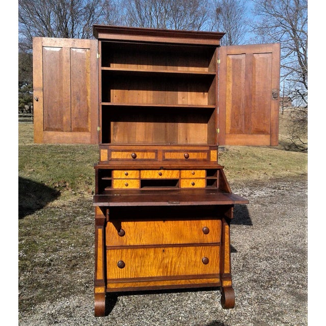1850s Antique 2 Piece Cherry Curly Maple Slant Front Secretary Desk With Bookcase Top For Sale - Image 4 of 18