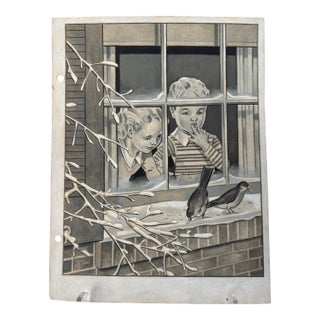 Original. Signed Graphite Illustration of Children Watching Birds at a Snowy Window, 10.5 × 8 In. For Sale
