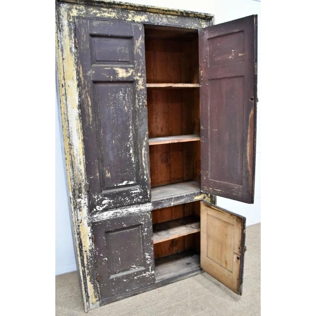 Large Antique American Farmhouse Kitchen Cupboard Distressed Chippy Paint Tall 4 Door Cabinet For Sale - Image 4 of 7